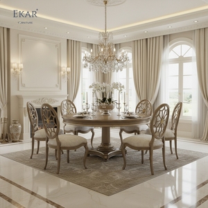 Mesa de Comedor Redonda Colonial EKAR con Incrustaciones de Madera de Burl y Pedestal Acanalado - Product Image 3