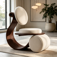 Fauteuil d'appoint vintage en bois massif courbé, rembourré en cuir, chaise longue individuelle pour salon, mobilier de maison