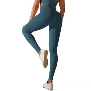 Leggings de sport à taille haute personnalisés, pour la course à pied et le fitness, contrôle du ventre, couleur unie, tricot sans couture, spandex/nylon, pantalon de yoga - Product Image 2