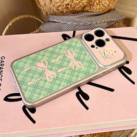 Coque de téléphone compatible Green Grid Pink Bow Tie à changement instantané pour iPhone 17, coque antichute pour iPhone 16 avec grande fenêtre de visualisation et protection adhésive