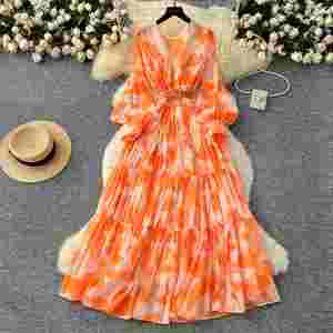 Vestido Midi Casual de Verano 2025 con Cuello Redondo y Manga Linterna para Mujer, Estampado con Encaje y Estilo Túnica Romana - Product Image 1