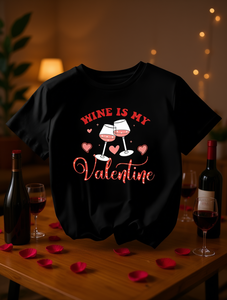 T-shirt stampata da donna 'Wine Is My Valentine', casual e giocosa per San Valentino, manica corta, girocollo, 100% cotone jersey - Product Image 2