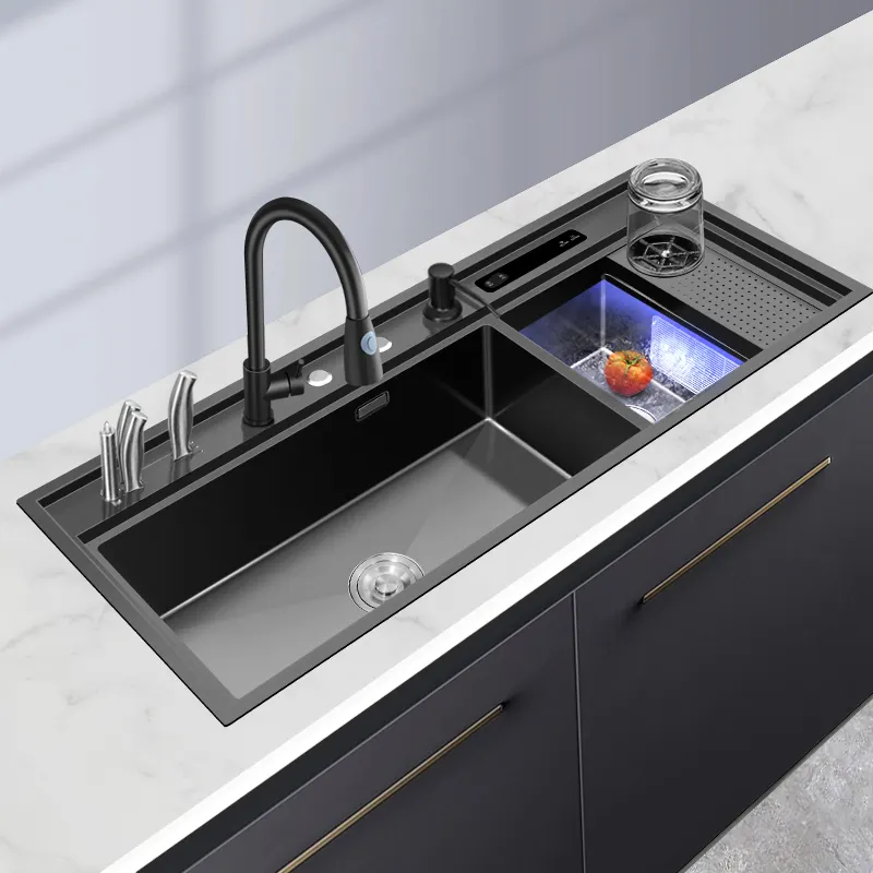 Black Sink Ultrasonic Sink Washing Fruit Vegetable and Seafood 3 in 1 Multifunction Stainless steel Smart Kitchen Sink