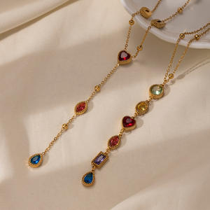 สร้อยคอจี้สแตนเลสทรงยาวหรูหรา ประดับเพชรซิร์คอนหลากสีรูปหัวใจ พร้อมพู่ห้อย ไม่ลอกสี - Product Image 6