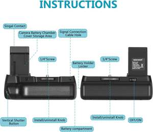 Empuñadura de batería vertical Neewer y kit de batería de repuesto de iones de litio de 2 1020mAh para Canon <span class=keywords><strong>EOS</strong></span> <span class=keywords><strong>1100D</strong></span> / 1200D / 1300D - Product Image 3