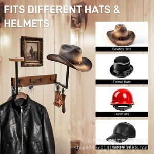 Wooden Helmet And Hat Rack <b>Wall</b> <b>Mounted</b> Iron Wood Combination Storage Organizer For Motorcycle Cowboy Hat Home Decor <b>Shelf</b> - Product Image 3