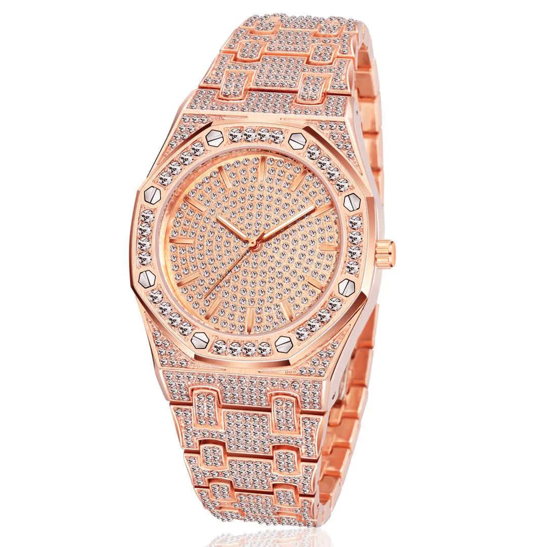 2022 New Custom Logo Diamond Inlaid Rose Gold Men Women Quartz Watches Stainless Steel Band Personality Wristwatches