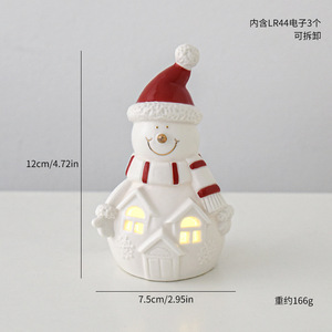 LINGKAI <b>Ceramic</b> Snowman LED Light <b>Ornament</b> White Porcelain Xmas Figurine With Red Hat Bow Tabletop Christmas Home Decor - Product Image 6