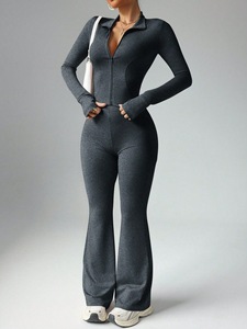 Ensemble de vêtements de sport pour femmes, haut de <span class=keywords><strong>yoga</strong></span> à manches longues avec fermeture éclair, leggings évasés taille haute, ensemble de vêtements de sport respirant à séchage rapide - Product Image 4