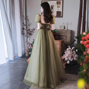 Ethereal Green Evening Gown Square Collar Puff Sleeve Vintage Formal Dress Empire Waist Long Ball Gown Forest Style - Product Image 4