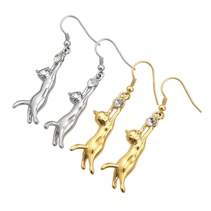 Pendientes colgantes de gato en oro blanco E3720 con engaste de bisel de cristal y diamantes de imitación para mujer, joyería de moda con animales adorables - Product Image 1