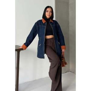 Veste en jean avec détails en velours et fermeture éclair 6129 - Teinture foncée unie - Product Image 6