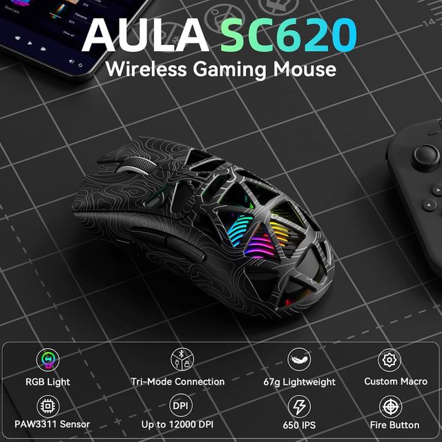 Aula SC620 Wireless Gaming Mouse Tri-Mode 2.4GHz/USB-C/BT5.3 12000 DPI Programmable Macro RGB Backlit Rapid Fire Key 8-Button