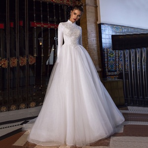 <span class=keywords><strong>Abito</strong></span> da Sposa Arabo Musulmano Bianco a Maniche Lunghe con Collo Alto Stile A-Line - Product Image 1