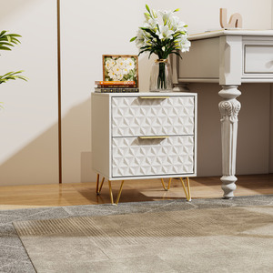 Nightstand With <b>2</b> <b>Drawers</b> Gold Legs 3D Embossed Design Modern Bedroom <b>Storage</b> Cabinet For Bedside Use - Product Image 5