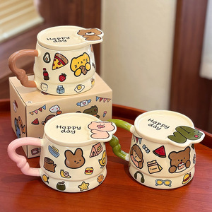 Cute Animal Graffiti <b>Ceramic</b> <b>Mug</b> With Lid, High Aesthetic Lovely Water Cup for Girls Students Office Daily Use - Product Image 2