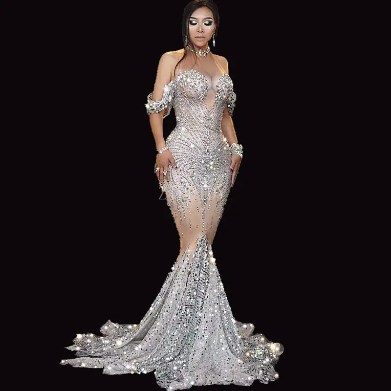 Luxury Sequins Crystal Rhinestone Birthday Wedding Guest Prom Dress Ball Gowns Formal Mermaid Dress Women Evening Dresses