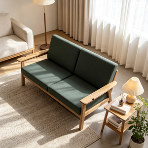 Sofá de Dos Plazas con Estructura de Madera de Nogal Oscuro Premium, Sofá Compacto de Tela Verde Oscuro de Estilo Minimalista Japonés - Product Image 5