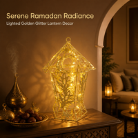 Décoration de Ramadan, lanterne rectangulaire en fer dorée scintillante, filigrane de lune, toit arabesque, feuillage pour la décoration de la maison pour l'Aïd Moubarak