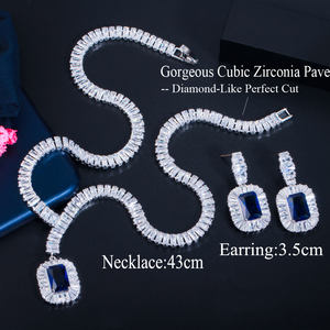 Bling Square Drop Königsblau Zirkonia Halskette und Ohrringe Frauen Party Schmuck Set für Hochzeit Bräute Kostüm zubehör - Product Image 4