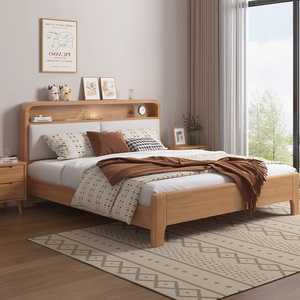 Giường ngủ đôi cỡ Queen khung gỗ nguyên khối thiết kế hiện đại châu Âu, đơn giản, mềm mại, có ngăn chứa đồ và sạc điện, thích hợp cho nhà ở, khách sạn, đám cưới. - Product Image 2