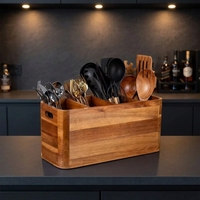 Boîte de rangement flexible à 4 compartiments en bois d'acacia Mangium avec poignée pour couverts, spatules, couteaux, fourchettes, comptoir de cuisine