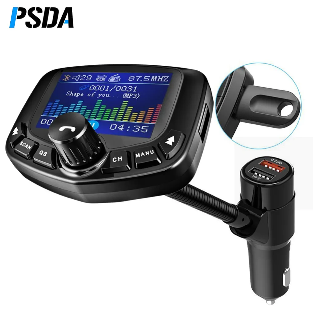 PSDA 1.8" Large Screen wireless FM Transmitter Kit Car MP3 Player 3 USB Port QC3.0 Fast Charger AUX FM Modulator Handfree