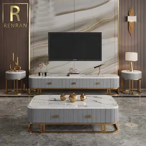 आधुनिक डिजाइन लक्जरी फैंसी कमरे में रहने वाले संगमरमर शीर्ष चमड़े के कवर लकड़ी सोने आधार टीवी स्टैंड और कॉफी टेबल