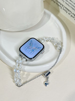 Bracelet de montre en fausses perles argentées, bracelet perlé en cristal en forme de cœur pour montre intelligente carrée, bracelet réglable pour femmes