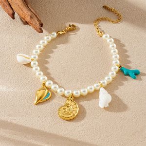 Pearl <b>Beaded</b> <b>Bracelet</b> With Seashell Coral Turtle Charm Marine Life Jewelry For Everyday Wear - Product Image 3