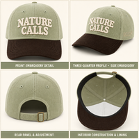 Casquette de baseball en velours côtelé bicolore vert sauge et marron foncé avec logo personnalisé, style Dad Hat, chaude, non structurée, 6 panneaux, boucle en laiton