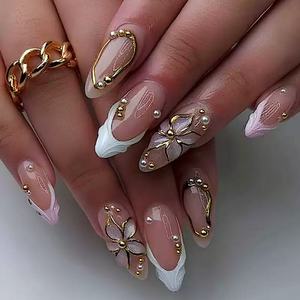 24 Uñas Postizas con Pegamento de Gel, Diseño de Flores y Mariposas, Uñas Francesas Largas Tipo Bailarina, Uñas Acrílicas de Cobertura Completa, Puntas de Uñas a Presión - Product Image 2