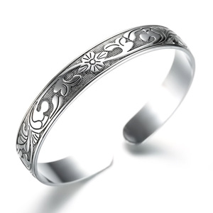 Bracelet ouvert vintage à motif <span class=keywords><strong>sutra</strong></span> bouddhiste, feuille de bambou, fleur de prunier, <span class=keywords><strong>lotus</strong></span>, plaqué argent - Product Image 3