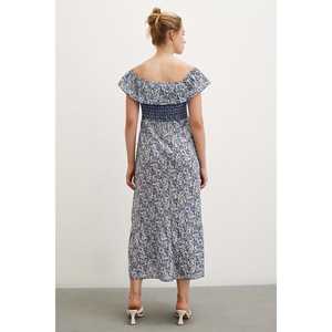 Vestido Maxi Mango con Hombros Descubiertos, Estampado Floral Azul, Corte en A, Tejido Informal para Uso Diario, Transpirable - Product Image 1