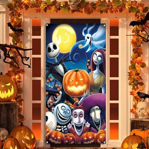Bannière de porte Joyeux Halloween avec squelettes dansants amusants, citrouilles, fantômes et éléments effrayants – Housse de porte décorative pour fête, personnalisable - Product Image 6