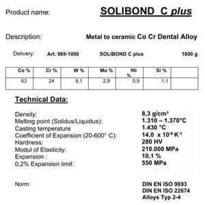 Materiali di Consumo Dentali YETI 1KG Lega Dentale Solibond C Plus Cobalto Cromo per Ceramica Dentale - Product Image 6