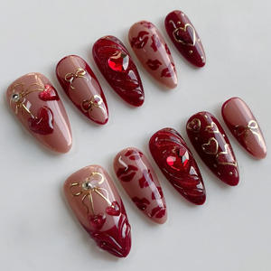 TSZS Ongles artificiels en forme d'amande avec motif léopard 3D de luxe, <span class=keywords><strong>rouge</strong></span> moyen, fleurs, <span class=keywords><strong>faux</strong></span> ongles, 30 pièces/ensemble, réutilisables - Product Image 5