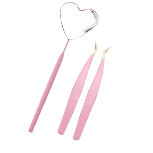 Stainless Steel Eyelash Tweezers Gold Plasma Tip And <b>pink</b> <b>Powder</b> coated Color Eyelash Tweezer 45 Degree And Eyelash mirror - Product Image 3
