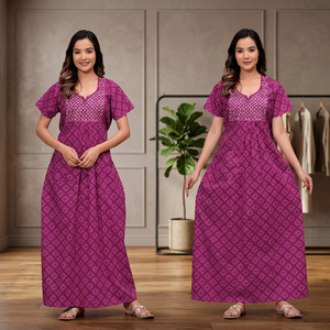 Robe de nuit longue confortable pour femme en coton imprimé Jaipuri, fermeture boutonnée, taille unique, motif animalier doux, MOQ 3 pièces - Product Image 1
