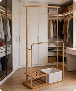 Porte-vêtements en bambou de haute qualité, grande taille, couleur <span class=keywords><strong>beige</strong></span>, supports à vêtements, étagères à chaussures, fournisseur en gros, meubles pour chambre à coucher et salon - Product Image 1