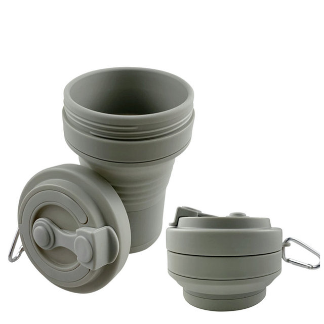 Multifunctional Grey Portable Food Grade Silicone Collapsible Leakproof Heat-Resistant BPA Free Reusable Folding Travel Mug Cups