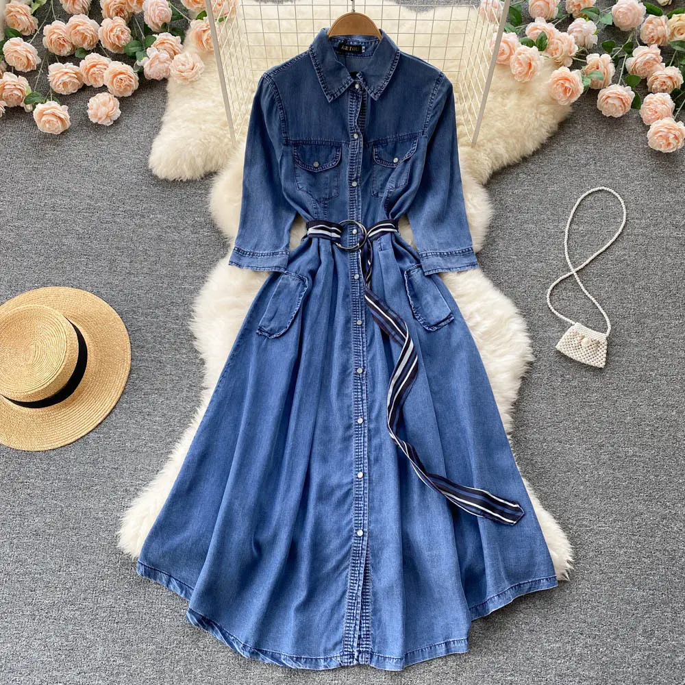 Spring 2022 Hot Sale Clothes Three-quarter Sleeves Dresses Striped Stitching Thin Blue Denim Dress With Belt
