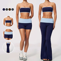 Set Yoga 3 Potong Wanita Tanpa Tali, Bahan Bernapas, Warna-Blok, Pinggang Tinggi, Kontrol Perut, Cepat Kering, untuk Gym dan Fitness