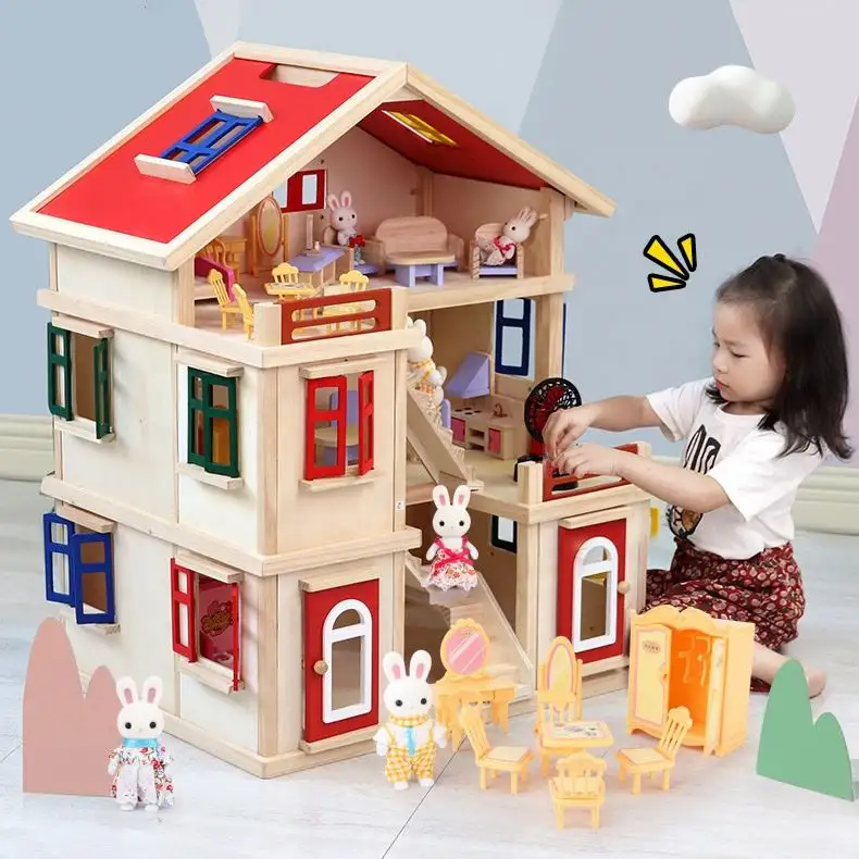Nuovi arrivi case in legno per bambini finta casa delle bambole in legno giocattolo con mobili per la stanza delle bambole