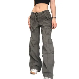 Pantalon Baggy décontracté pour femmes, taille basse, jambes larges, Streetwear Y2K, pantalon ample avec poche, pantalon Cargo en toile