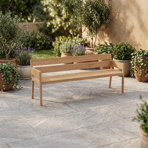 Banc de jardin en teck massif avec dossier, design scandinave moderne, durable, confortable, imperméable et écologique - Product Image 3