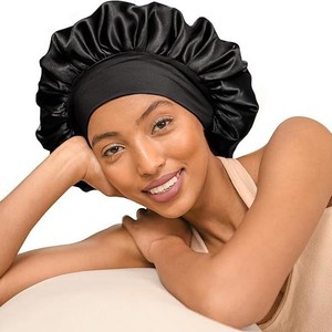 Bonnet de nuit en satin uni à large bord, extensible et soyeux, haute élasticité, avec logo personnalisé, vente en gros directe usine - Product Image 1