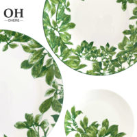 Service de table Ohere de luxe minimaliste en porcelaine motif feuille verte printanière – Écologique, certifié CE, personnalisable pour la maison