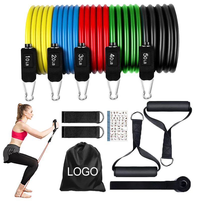 11Pcs Exercise Bands Latex Resistance Tubes Set 11 Pieces Fitness Resistance Bands