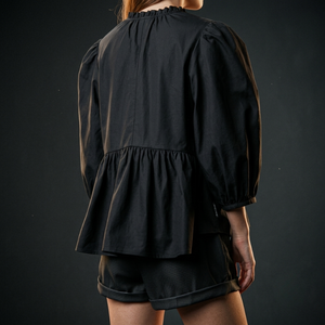 Vietnam Manufacturer Women's Black Poplin Blouse With <b>Balloon</b> Sleeves Slash Neck Bow Detail Loose Fit Modern Romantic Style - Product Image 2